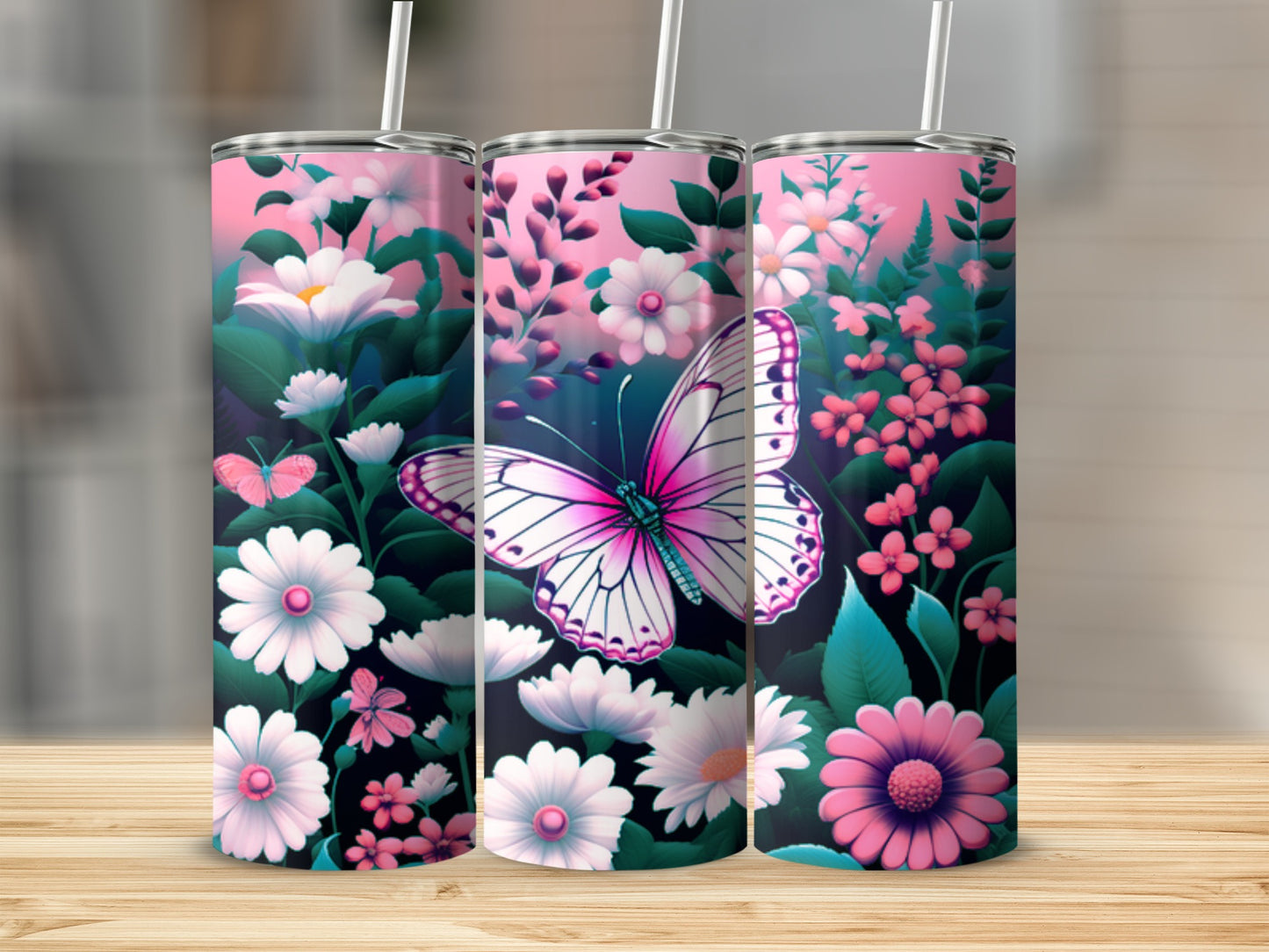 Pink and white butterfly with flowers on a tumbler.