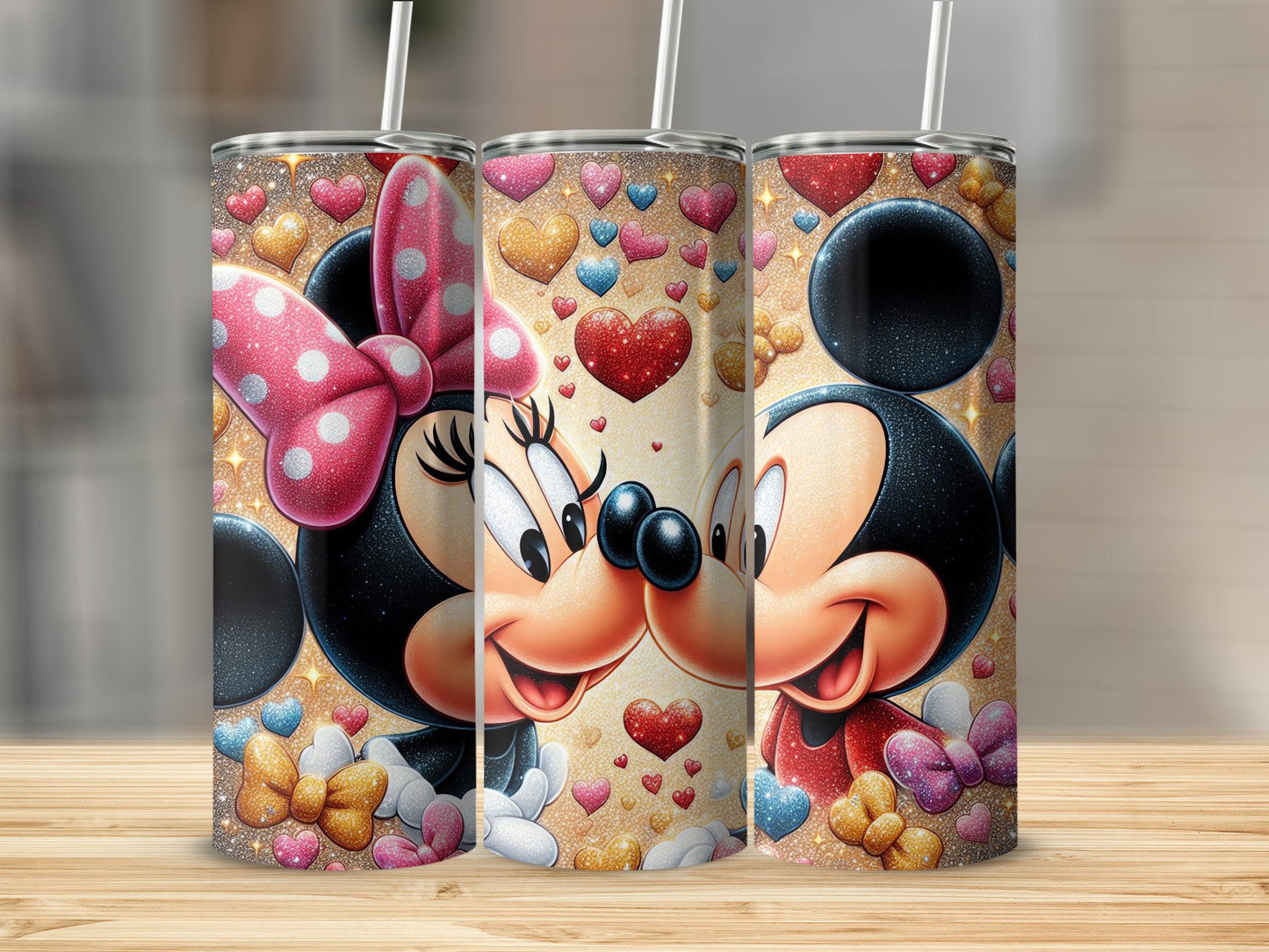 Mickey and Minnie Heart Glitter Tumbler Cup Set