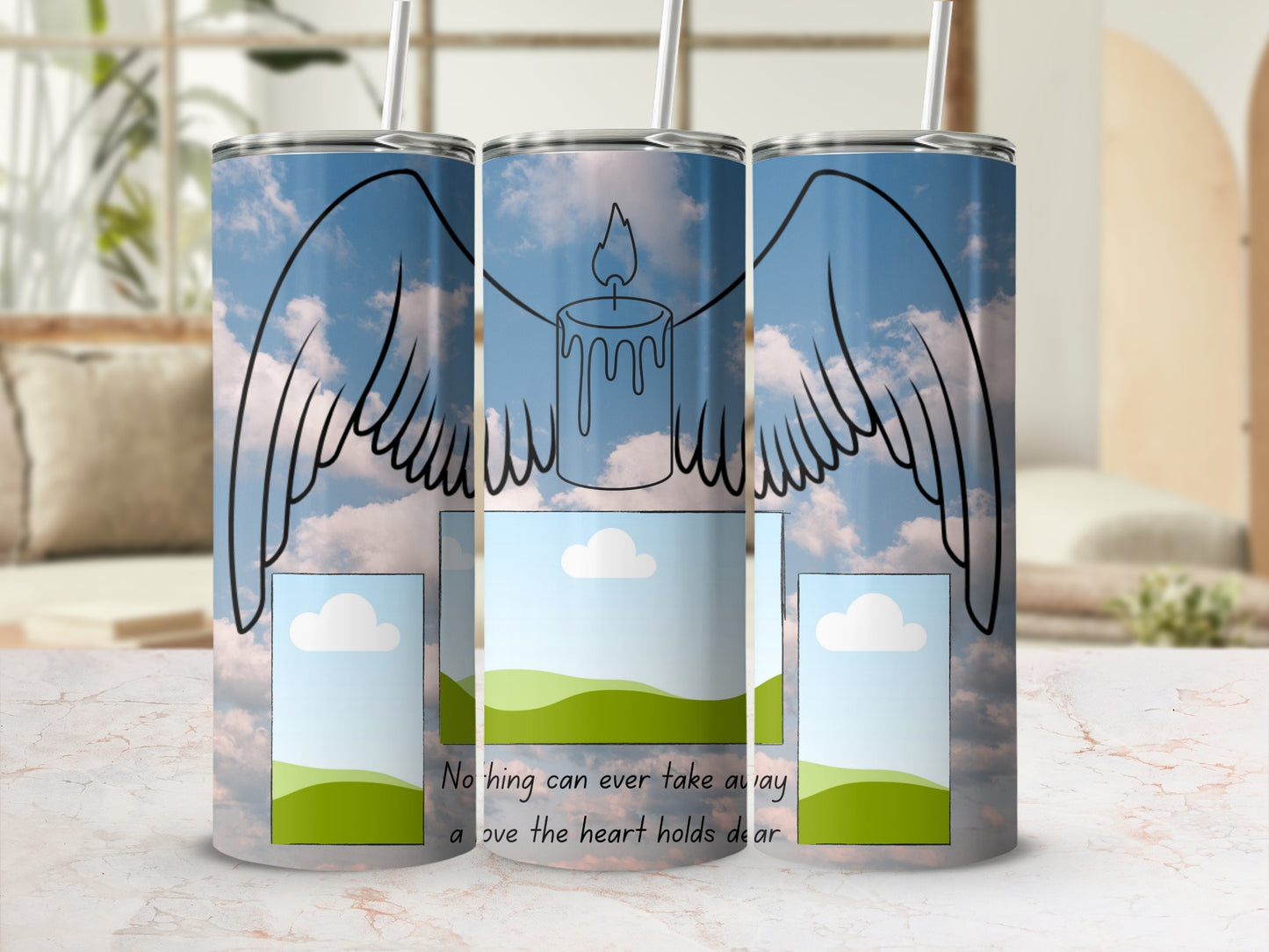 Tumbler with angel wings, candle, and quote: "Nothing can ever take away a love the heart holds dear."