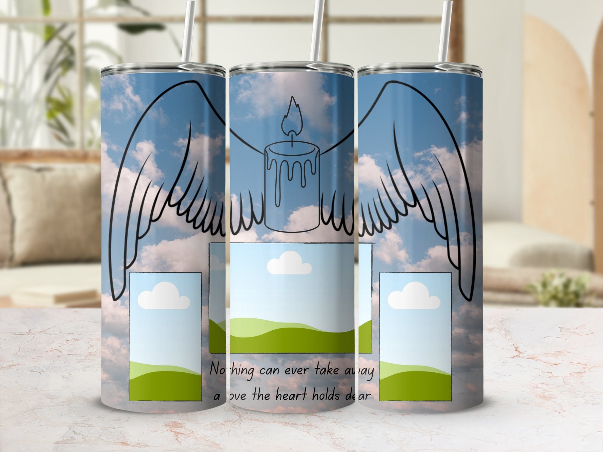 Tumbler with angel wings, candle, and quote: "Nothing can ever take away a love the heart holds dear."