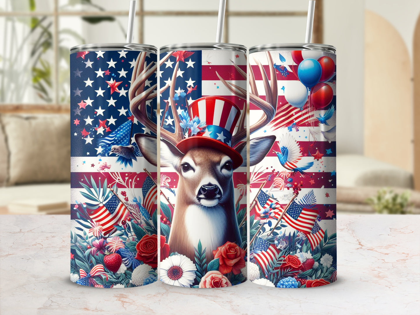 Deer wearing a patriotic hat with American flags and balloons.