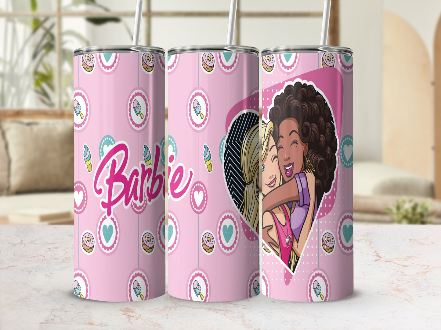 Pink tumbler with Barbie logo and cartoon hearts and donuts.