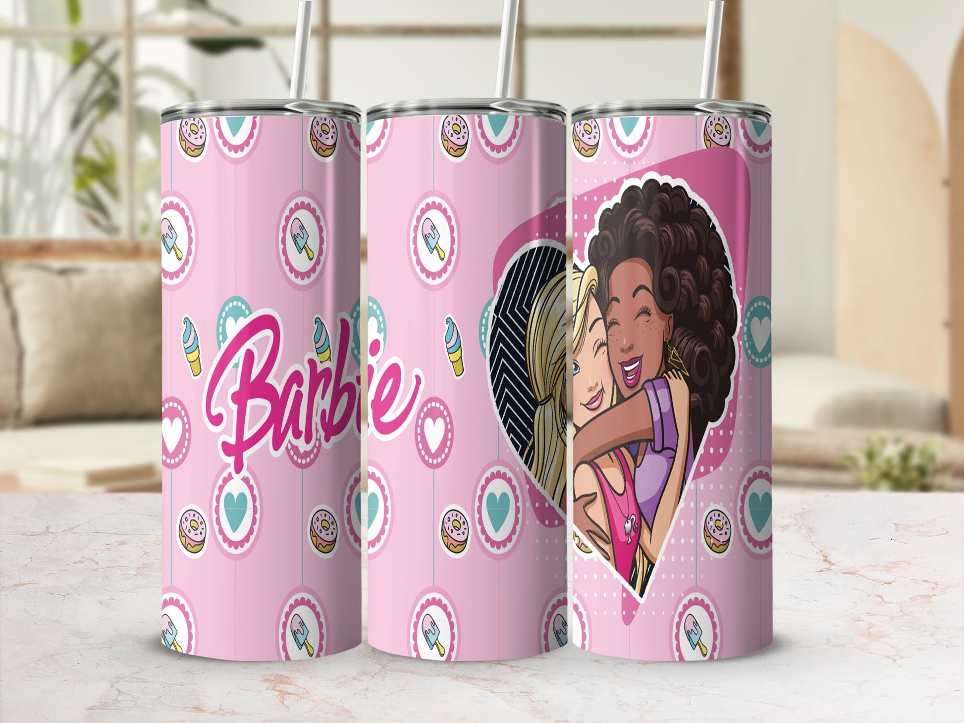 Pink tumbler with Barbie logo and cartoon hearts and donuts.