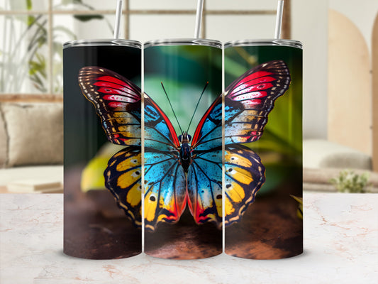 Triptych of tumblers featuring a vibrant blue, red, and yellow butterfly.
