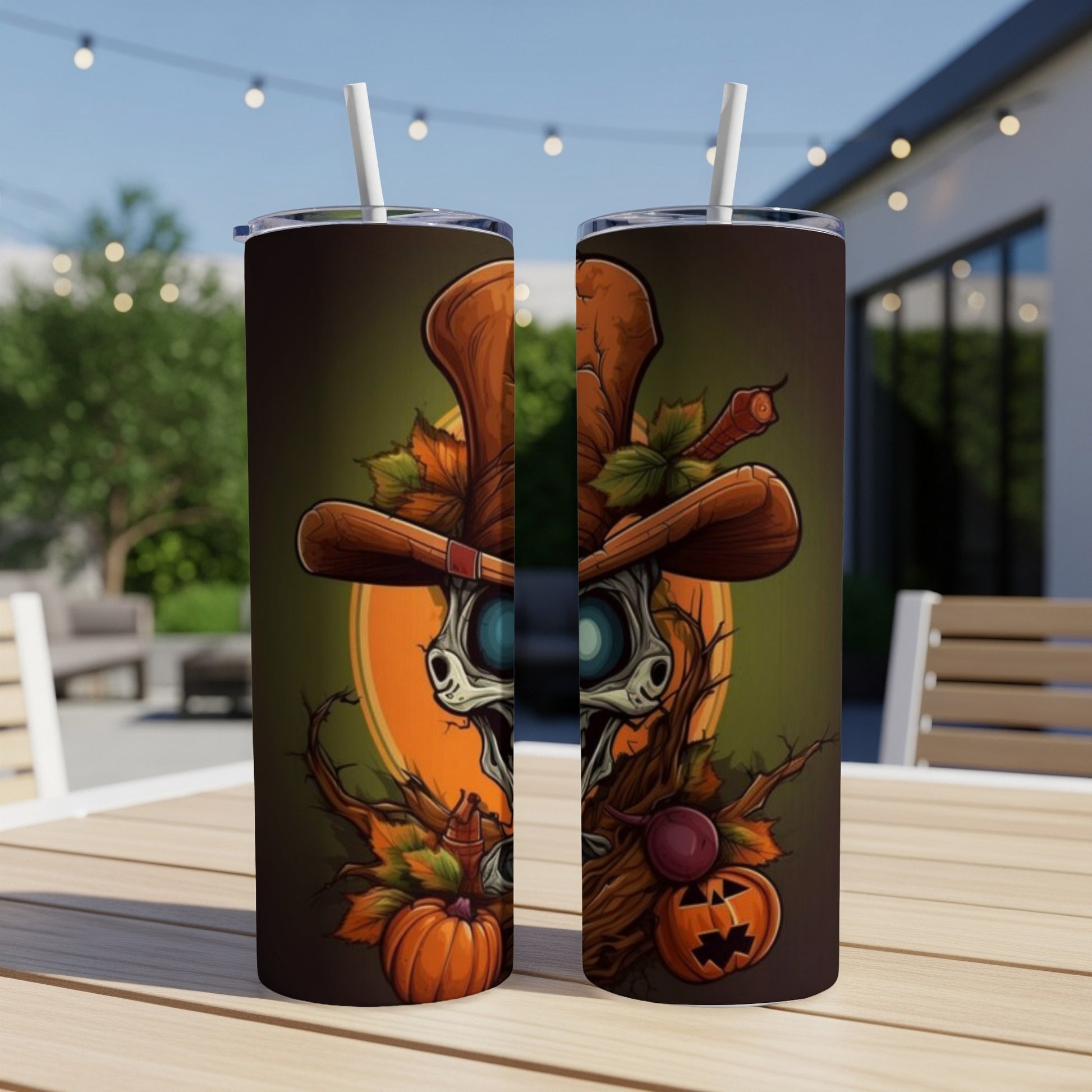 Halloween themed tumblers featuring a skeleton scarecrow, pumpkins, and autumn leaves.
