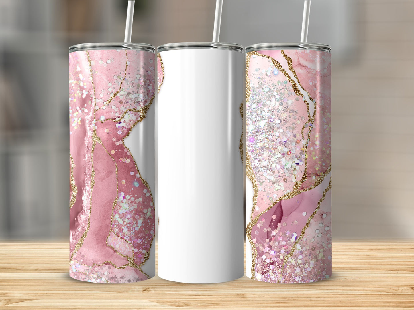Pink marble tumbler with gold glitter accents and a white section.