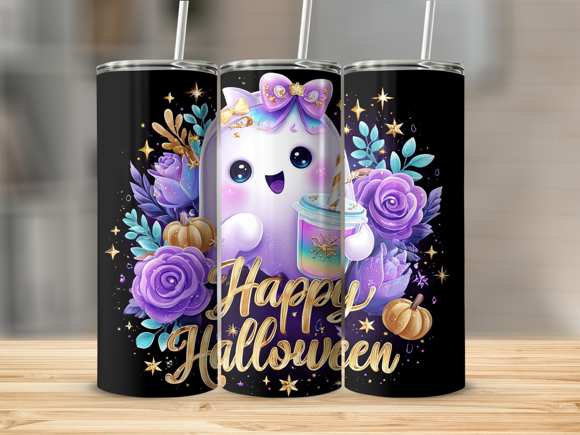 Happy Halloween with Cute Ghost and Pumpkin Design