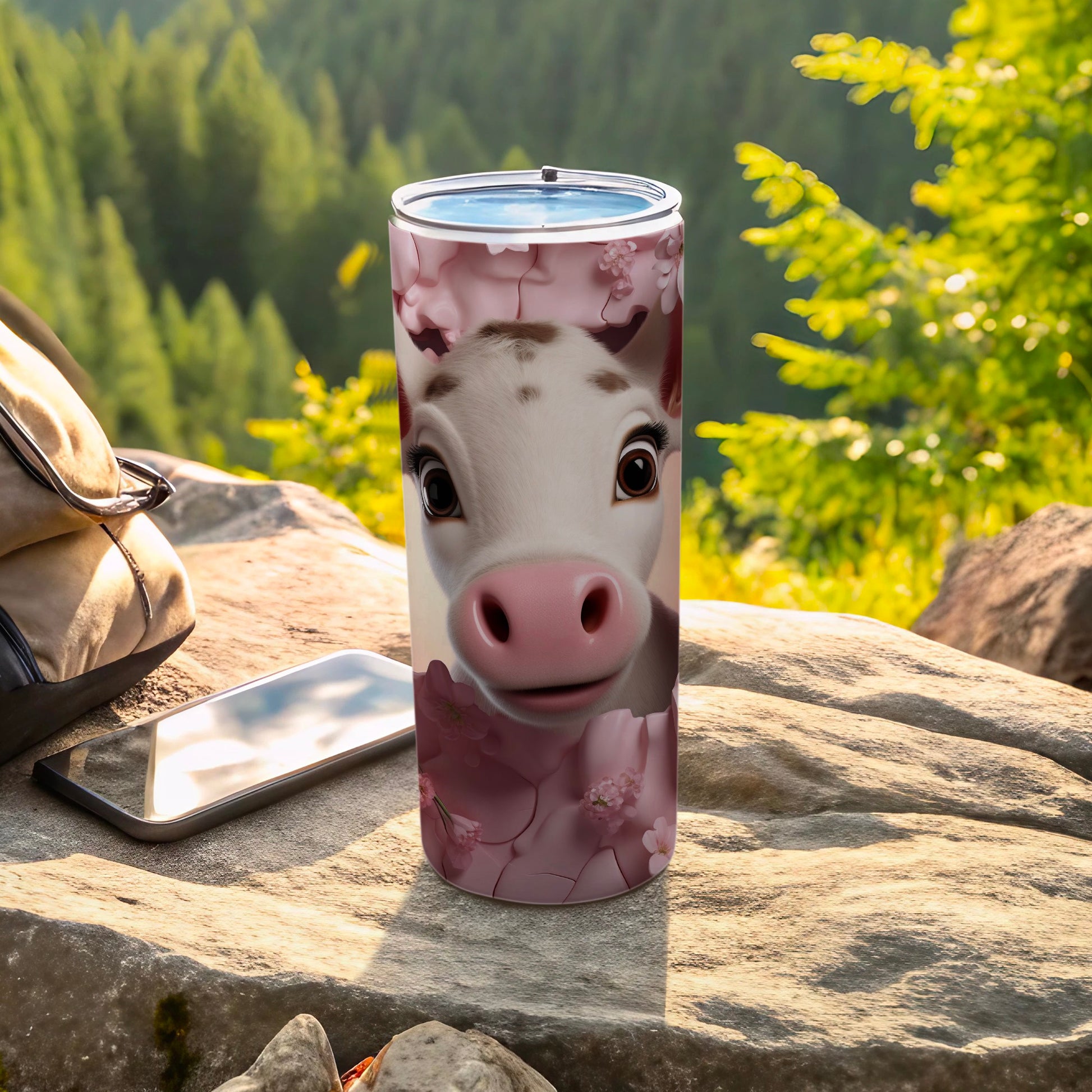 Smiling Calf Pink Blossoms Outdoor Adventure Tumbler
Tumbler, Travel mug, Calf design, Baby cow, Cute animal, Pink flowers, Floral print, Blossom art, Nature theme, Outdoor scene, Forest vibes, Mountain adventure, Rustic drinkware, Whimsical design, Animal lover gift, Insulated cup, Drinkware, Hydration bottle, Unique gift, Cute calf mug