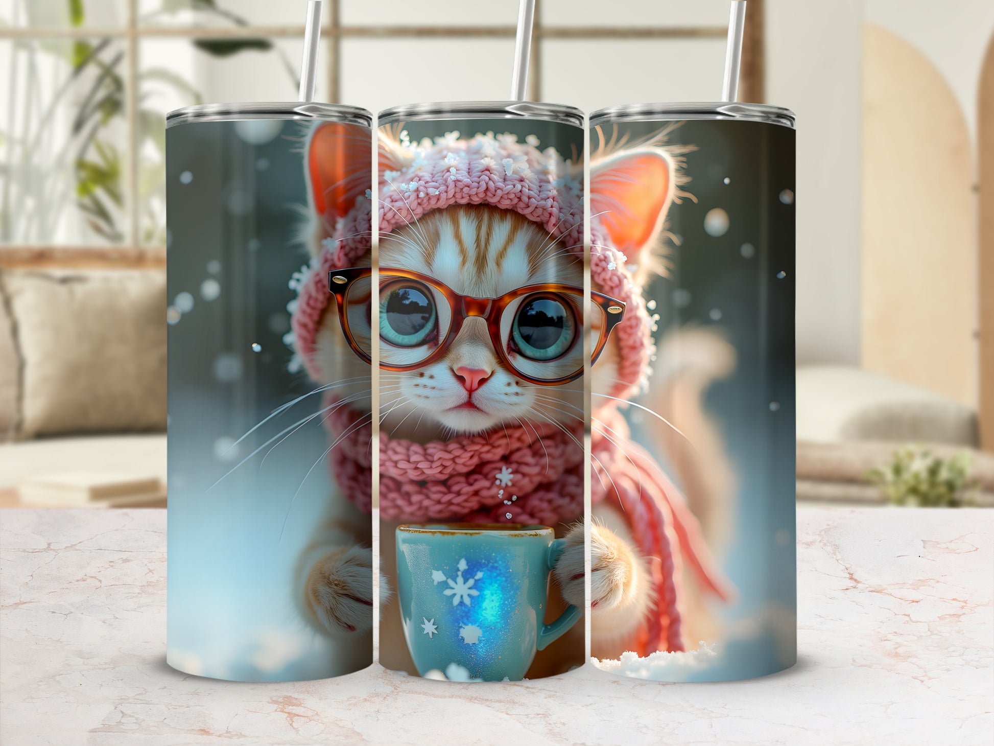 Ginger kitten wearing glasses and a knitted hat holding a mug.