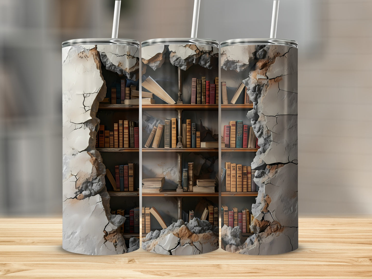 Three tumblers with cracked concrete exteriors revealing bookshelves and books.