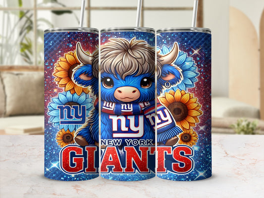 Blue cartoon bull wearing New York Giants scarf and hat, surrounded by sunflowers.
