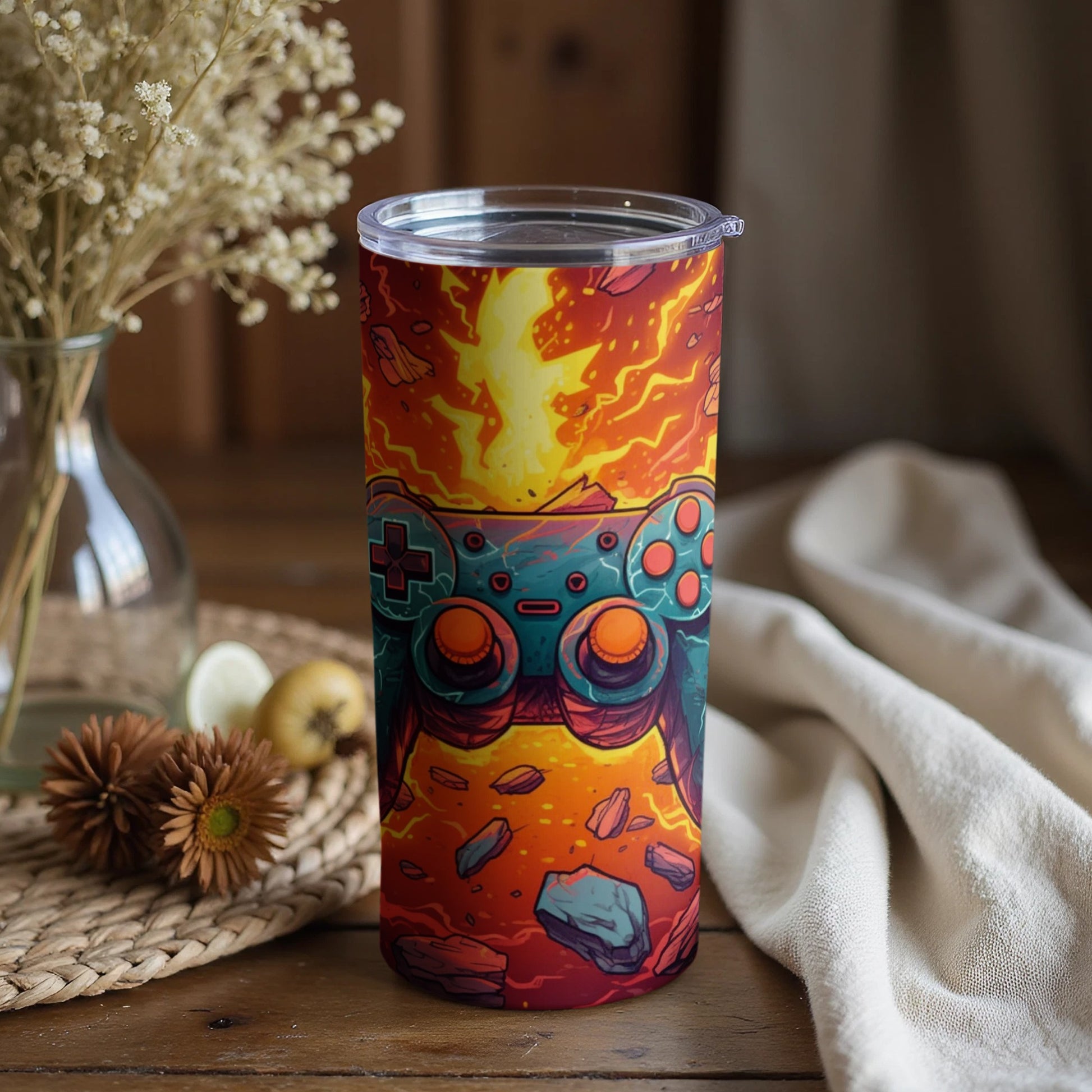Vibrant Handheld Controller Artwork Gaming Tumbler