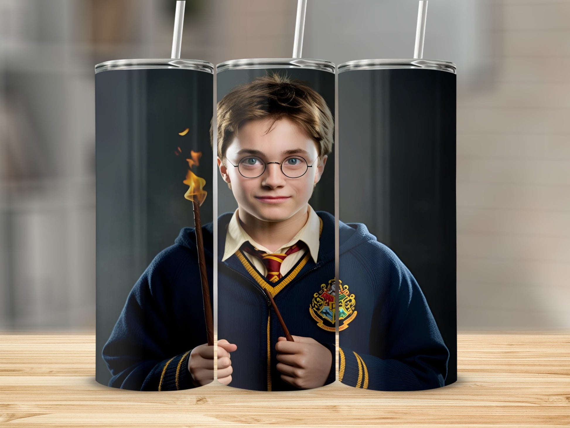 Harry Potter in Gryffindor uniform holding a wand with a flame.