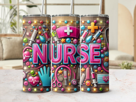 Pink glitter "Nurse" text with medical icons on a wooden background tumbler.