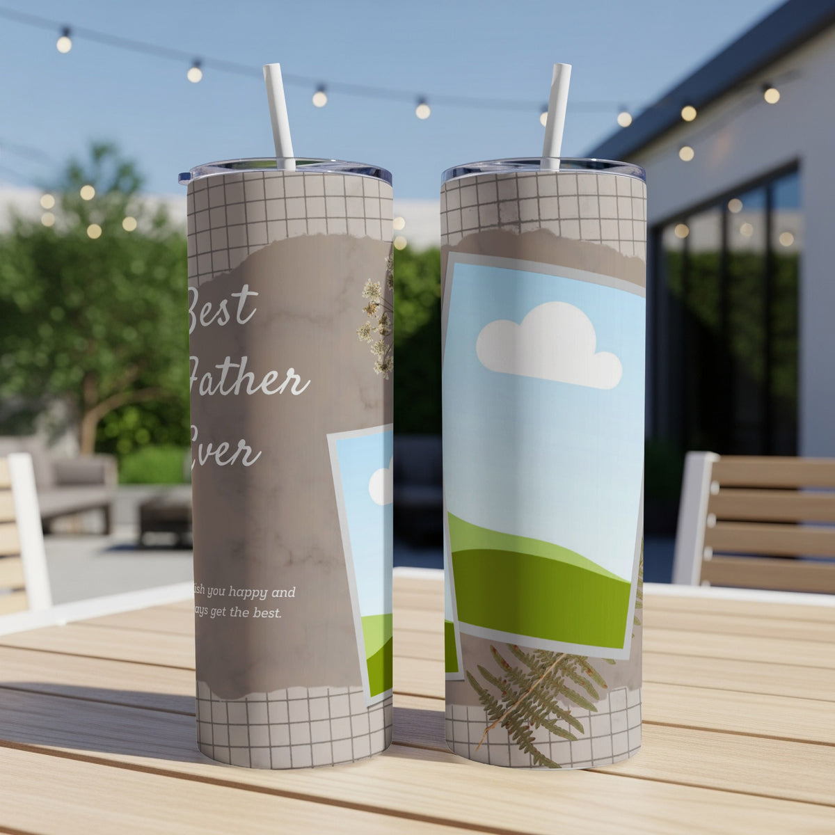 Two tumblers with "Best Father Ever" text and sky and landscape graphics.