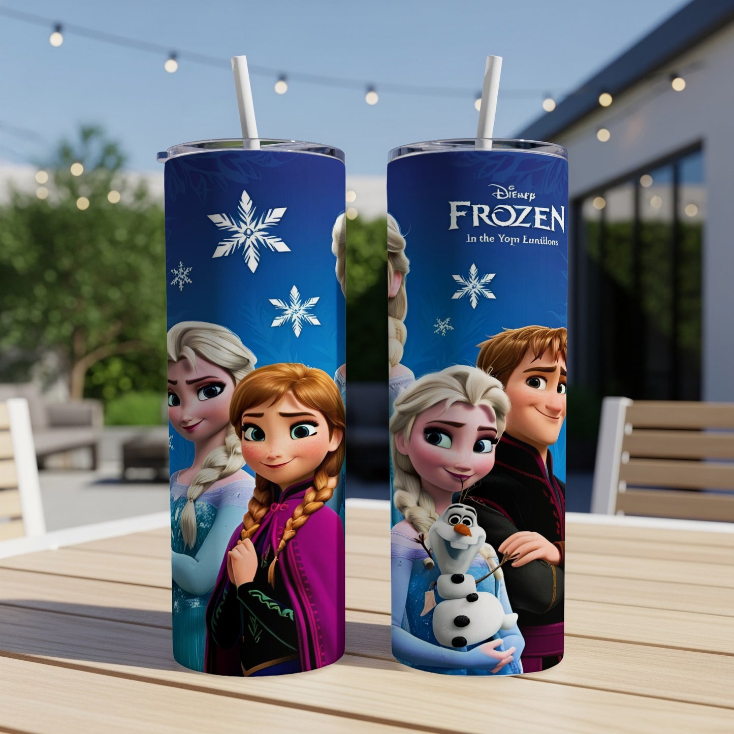 Frozen characters Elsa, Anna, and Olaf on blue tumblers with snowflakes.