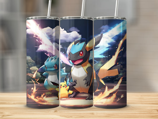 Three Pokemon characters, including Pikachu, on a white tumbler with flames.