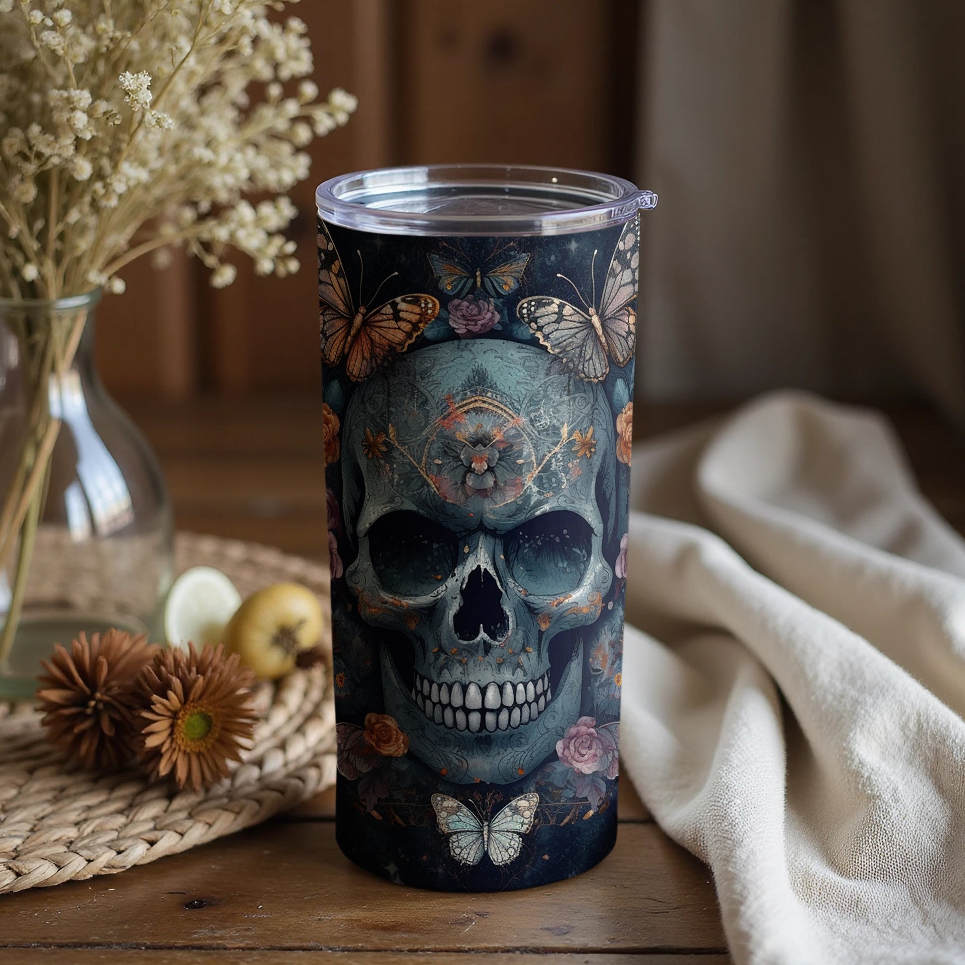 Gothic Skull Floral Butterflies Insulated Tumbler