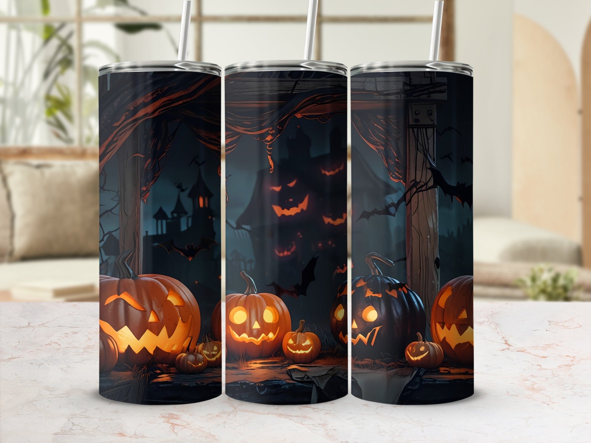 Three tumblers feature a Halloween design with jack-o'-lanterns and bats.
