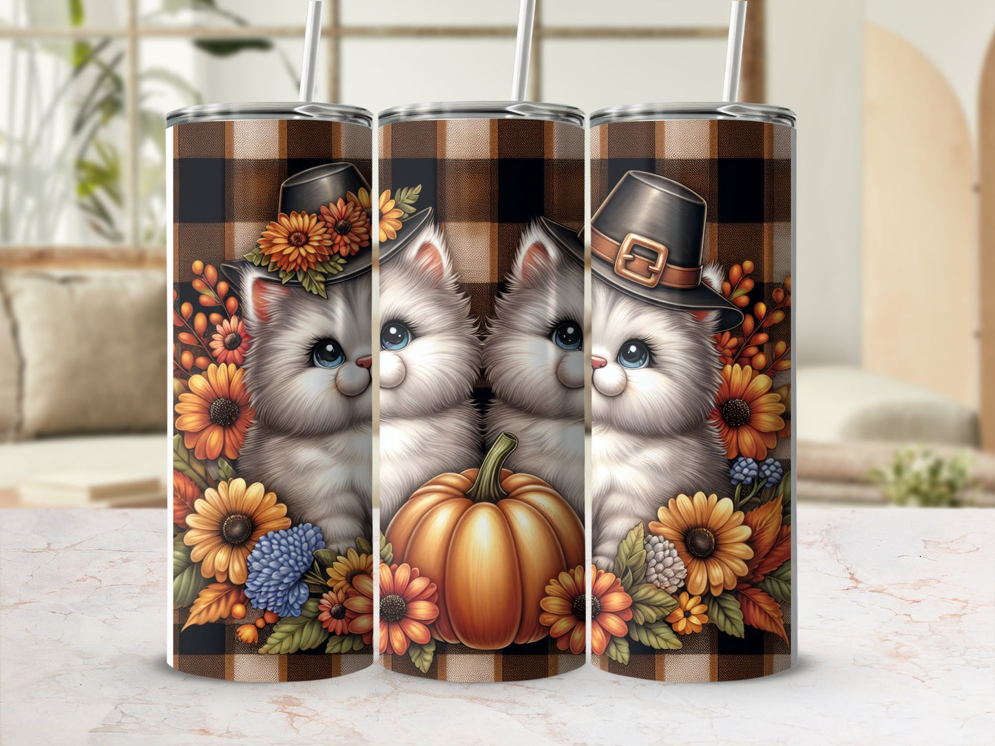 Cute kittens in hats with pumpkin and fall flowers on plaid background.