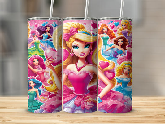 Three Barbie themed tumblers with pink, heart, and bow accents.