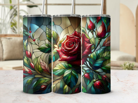 Three stained-glass tumblers with a red rose and floral design.