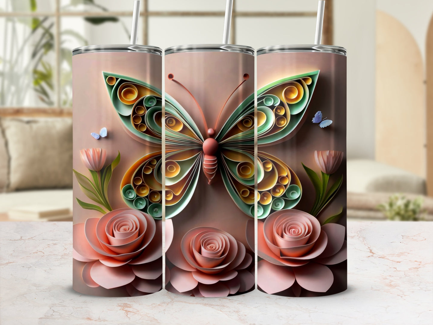 Intricate Butterfly and Rose Design Tumbler Product