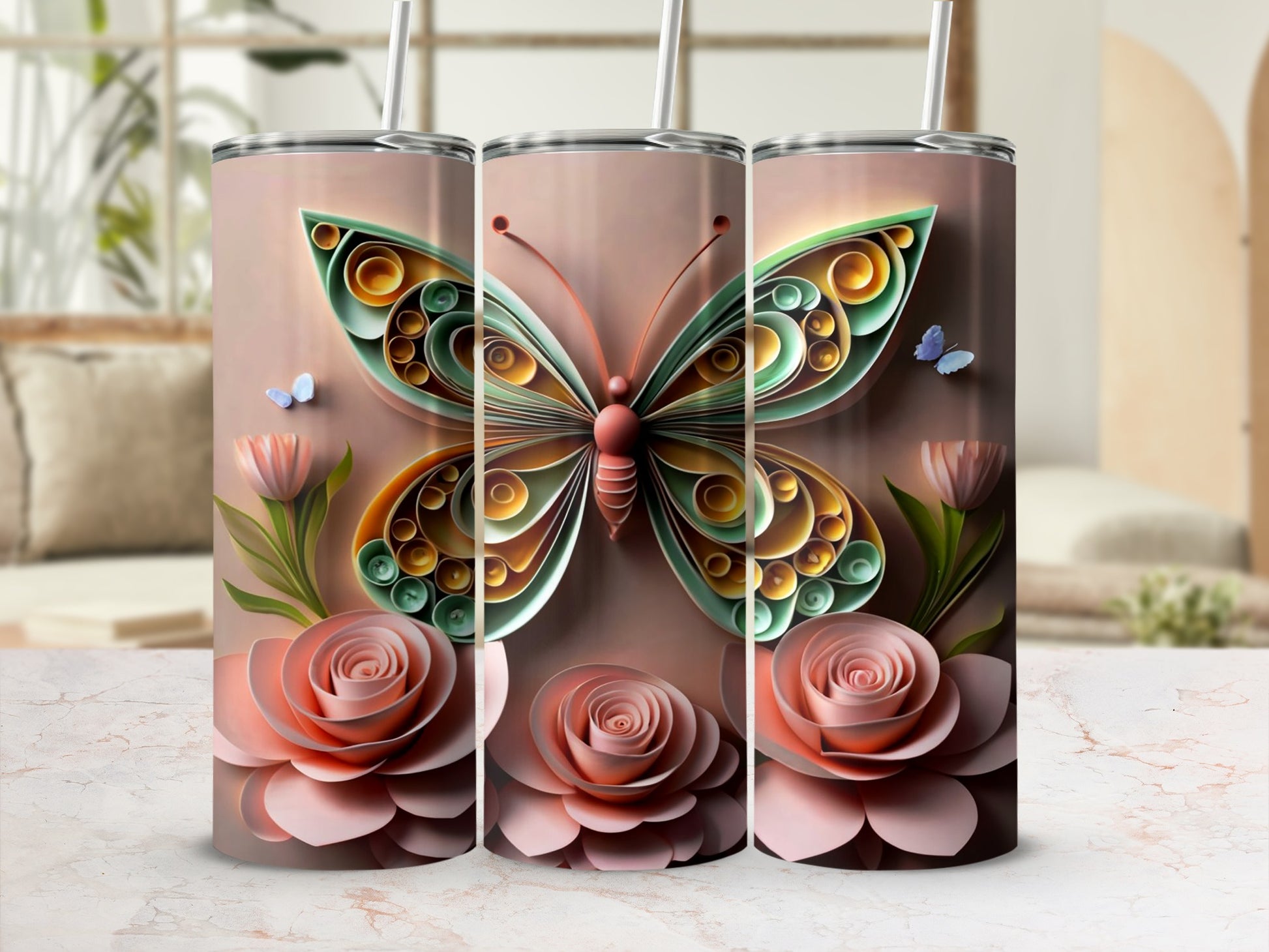Intricate Butterfly and Rose Design Tumbler Product