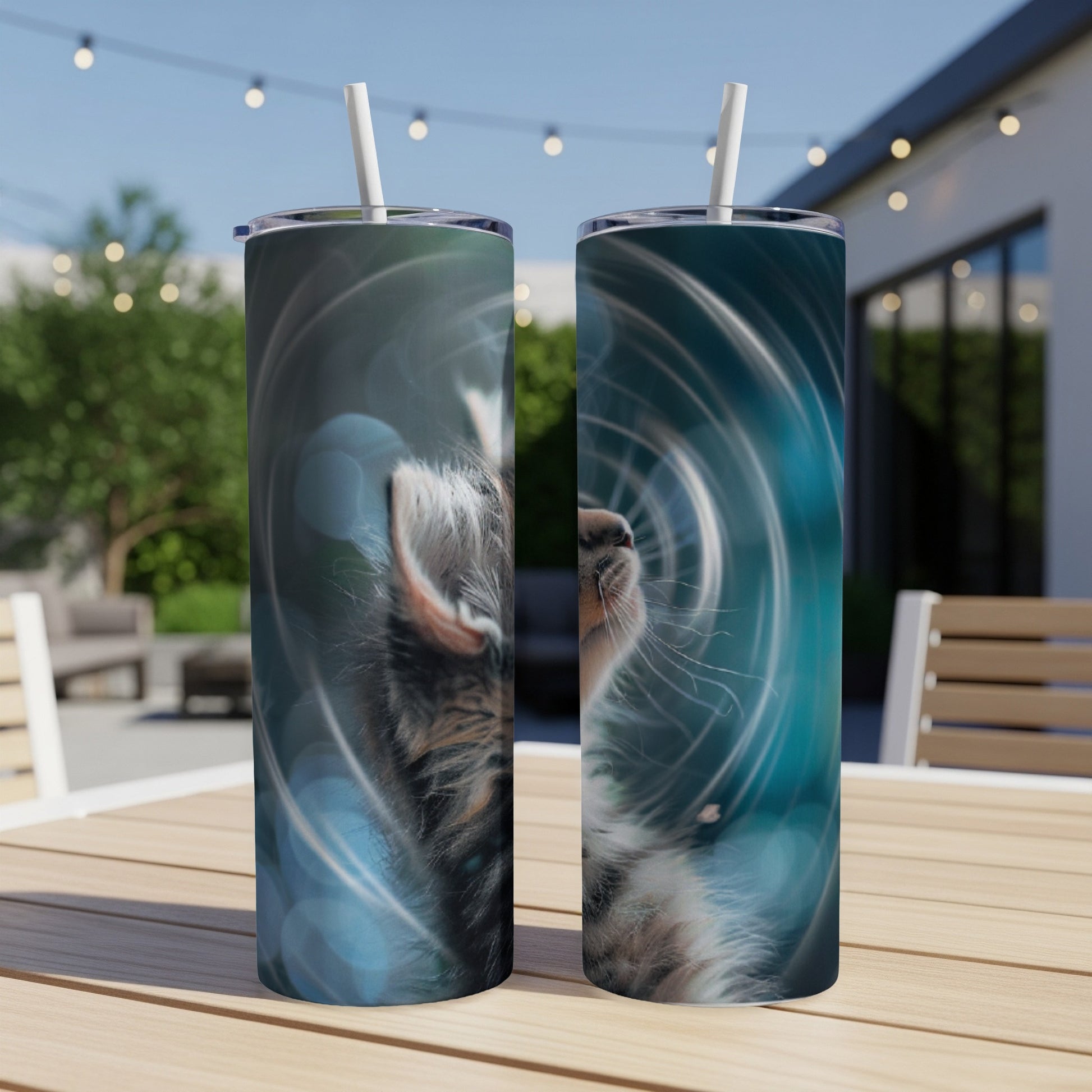 Two tumblers with a close-up of a cat's face against a teal swirl background.