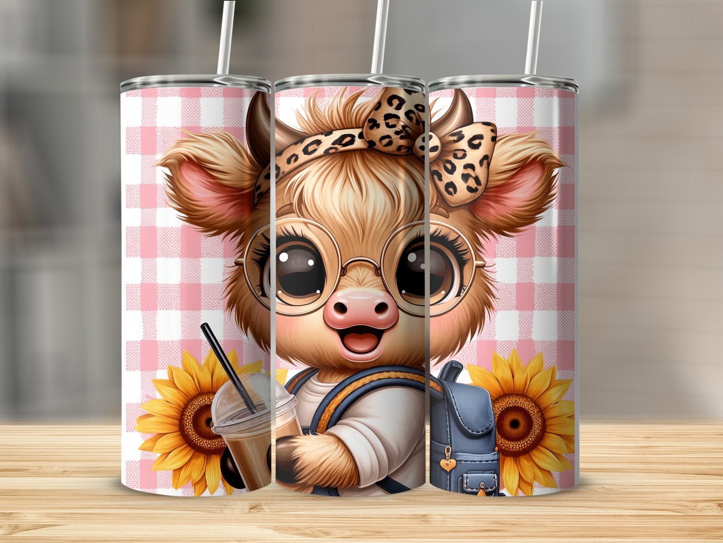 Cute cow wearing glasses and a bandana with a backpack and coffee.