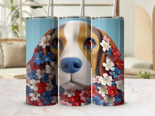 Beagle dog surrounded by red, white, and blue flowers on a tumbler.