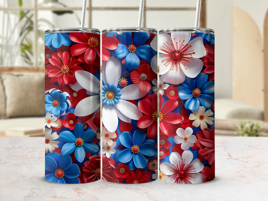 Three tumblers adorned with patriotic red, white, and blue floral patterns.