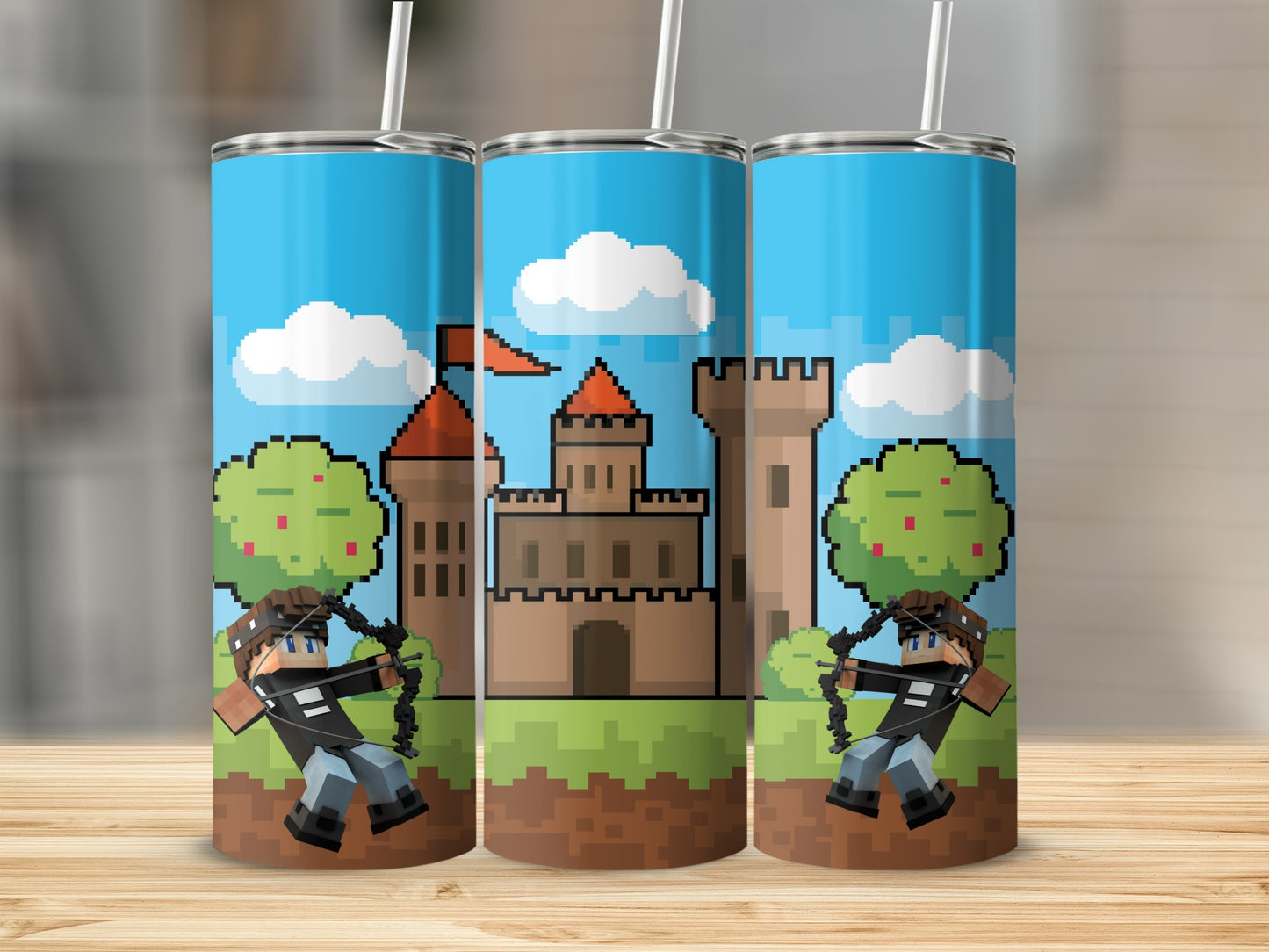 Castle and Archer Pixel Art Design Tumbler Set