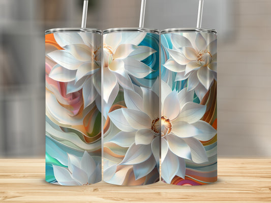 Three white floral tumblers with colorful abstract background designs on a wooden surface.