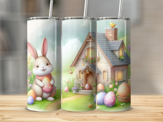 Easter bunny with basket and house illustration, with colorful eggs.