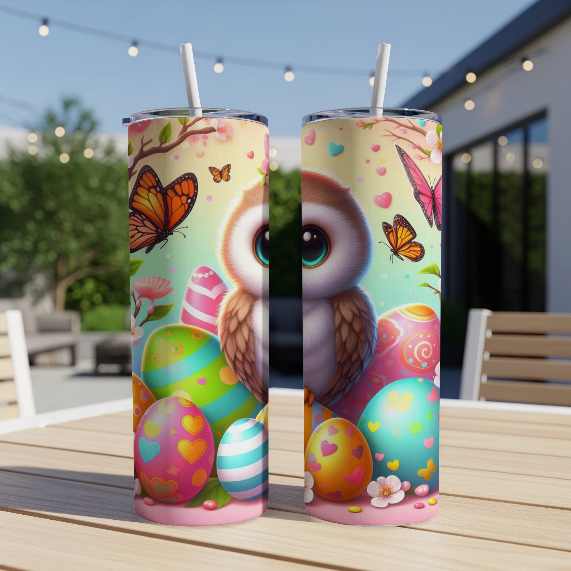 Two owl-themed Easter tumblers with butterflies and colorful eggs.