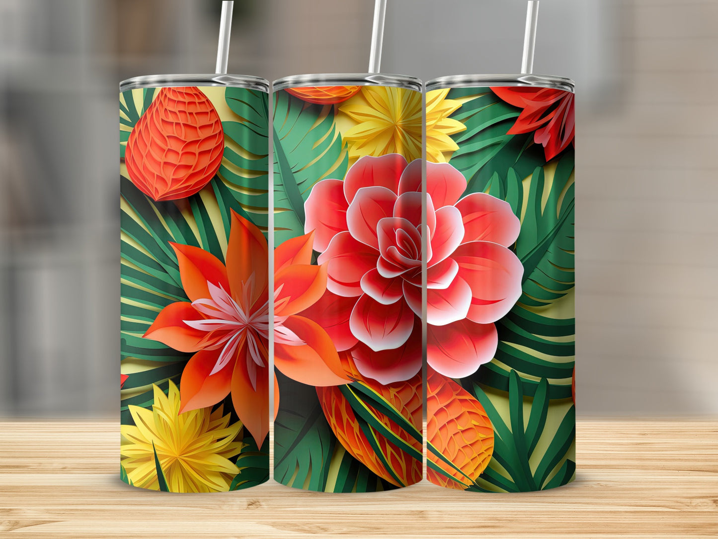 Tropical Floral Insulated Tumbler With Lid and Straw