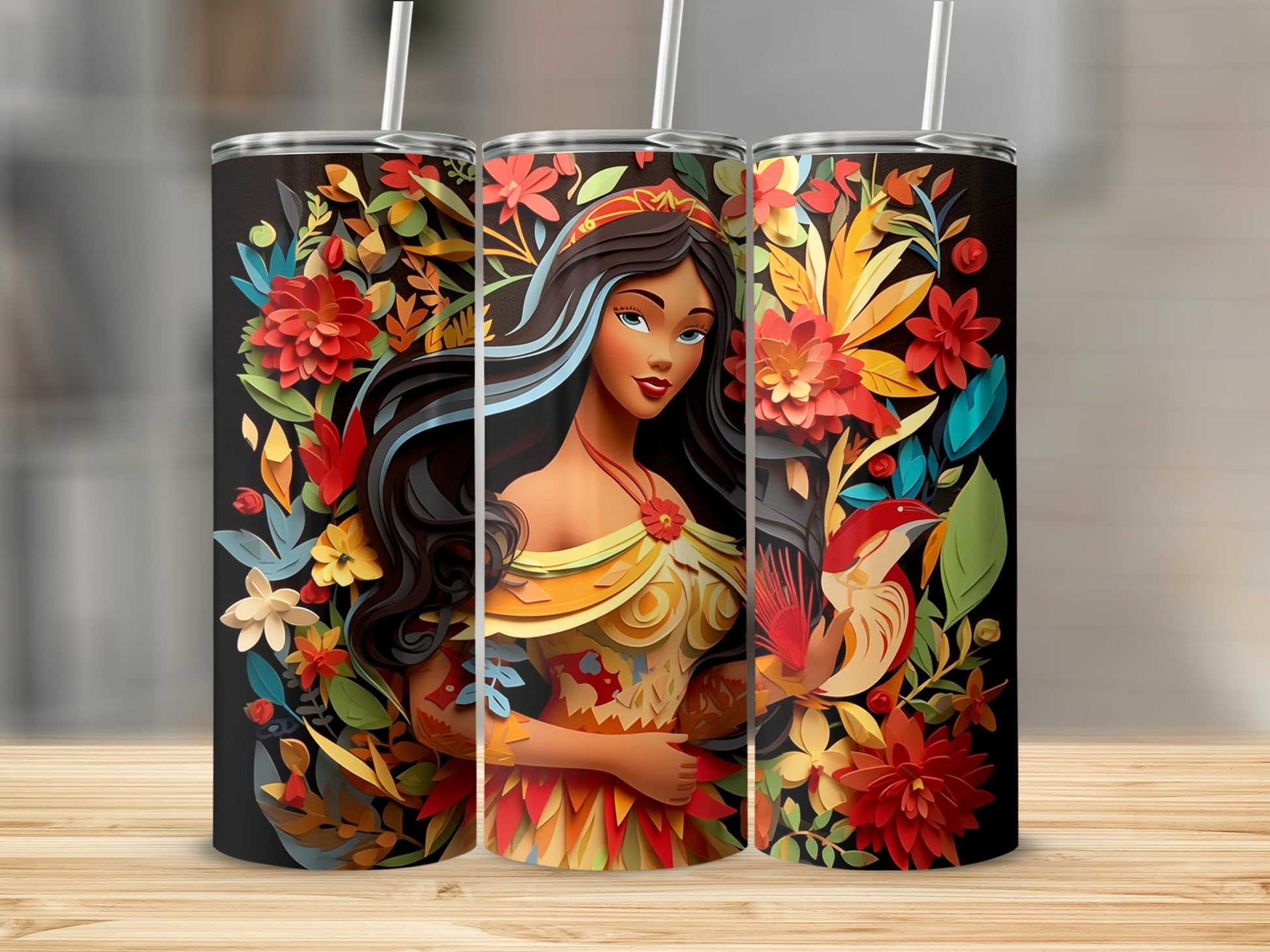 Vibrant Floral Princess and Bird Design Tumbler