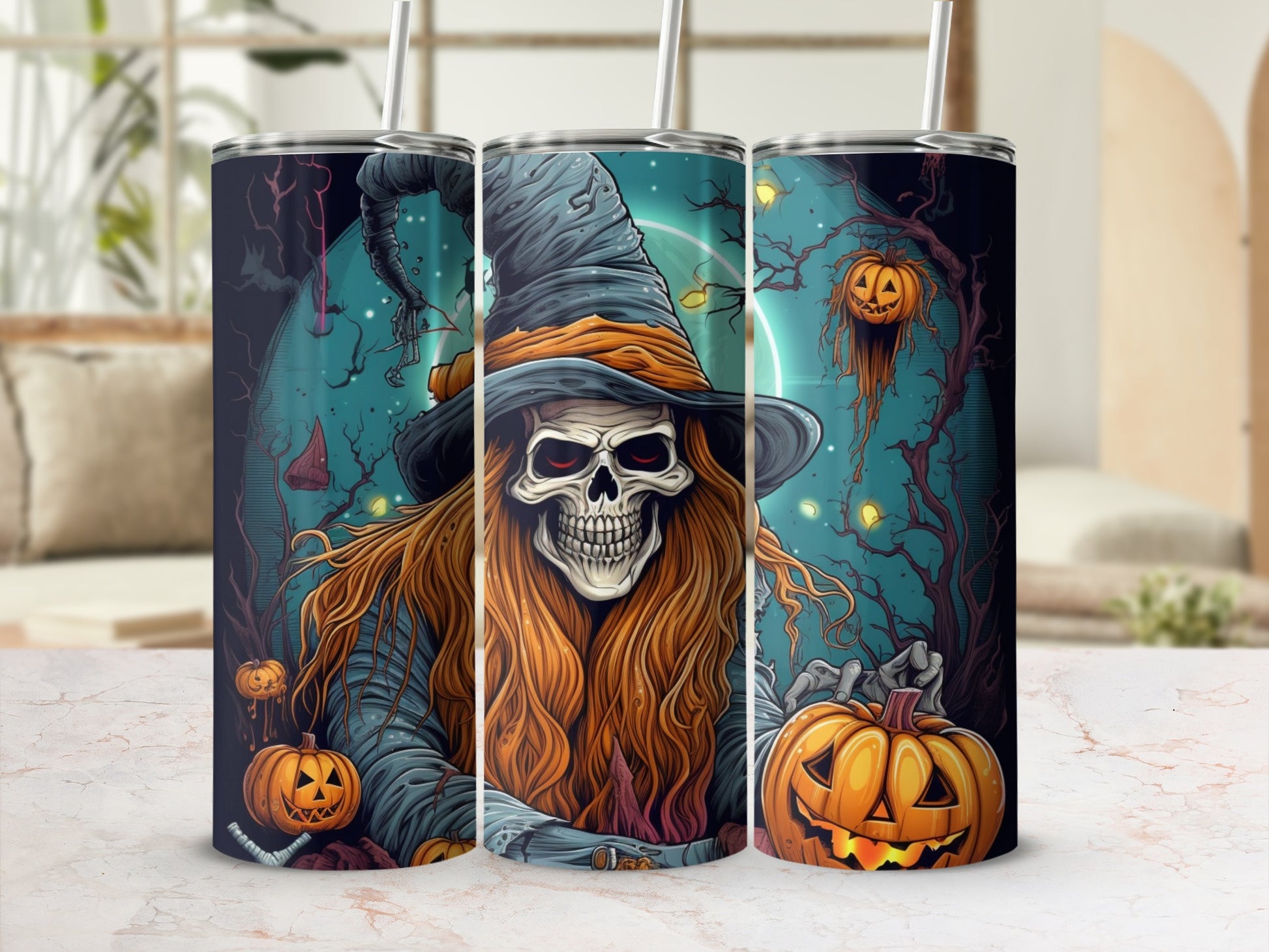 Halloween tumbler with witch, skull, and pumpkins on a dark, spooky background.