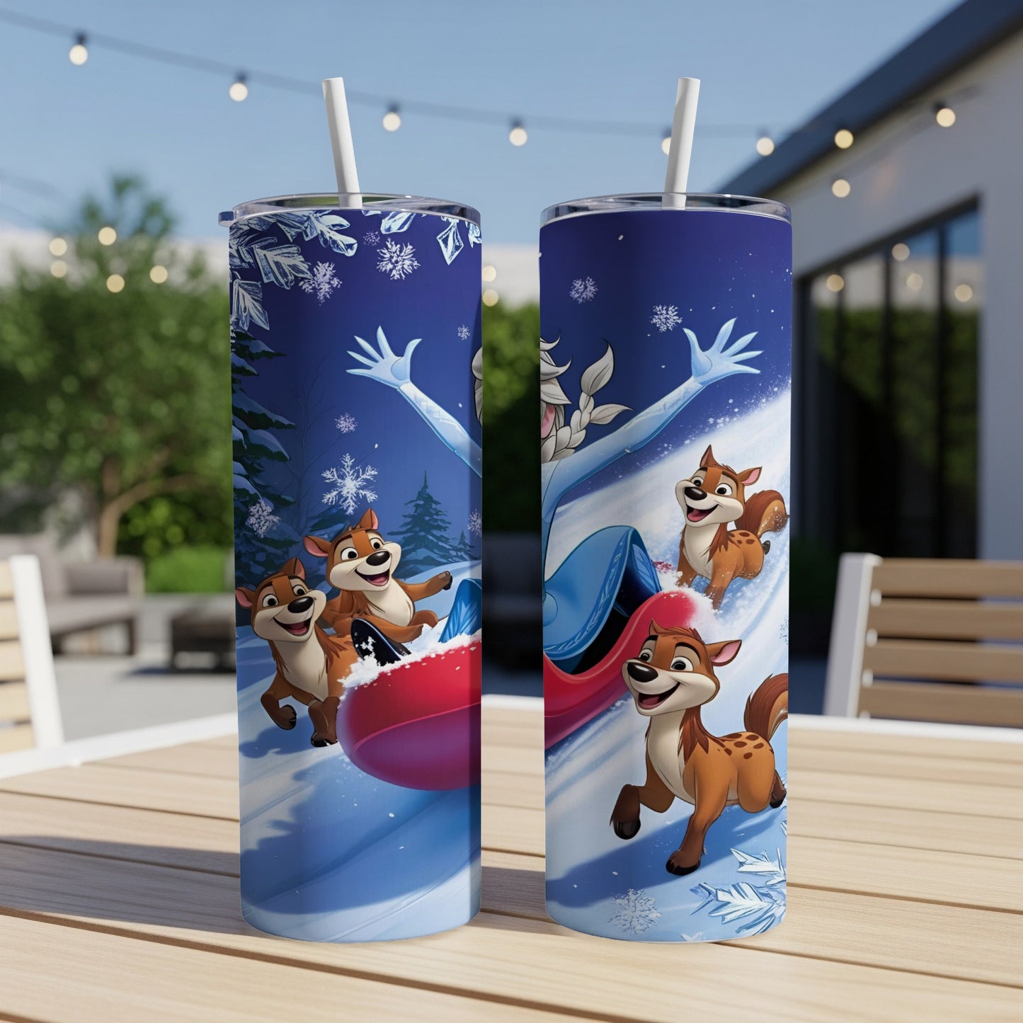 Two tumblers with Elsa and Chip 'n' Dale sledding on snow.