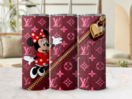 Minnie Mouse on a pink monogrammed tumbler with a gold zipper detail.