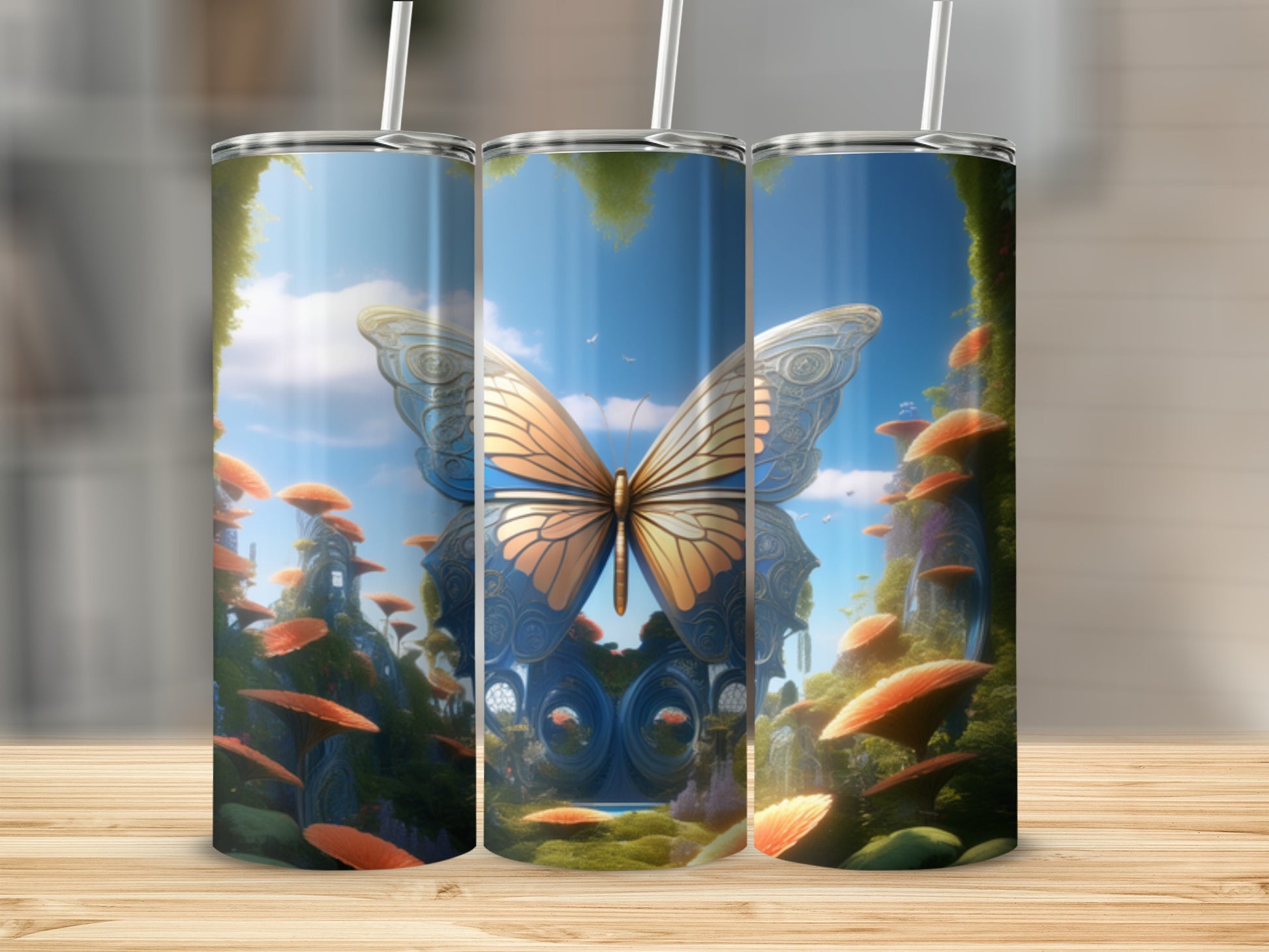Fantasy scene with a large butterfly, glowing mushrooms, and ornate blue archway.