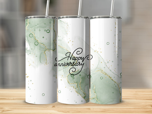 Three tumblers with a green marble and gold glitter design, reading "Happy Anniversary".