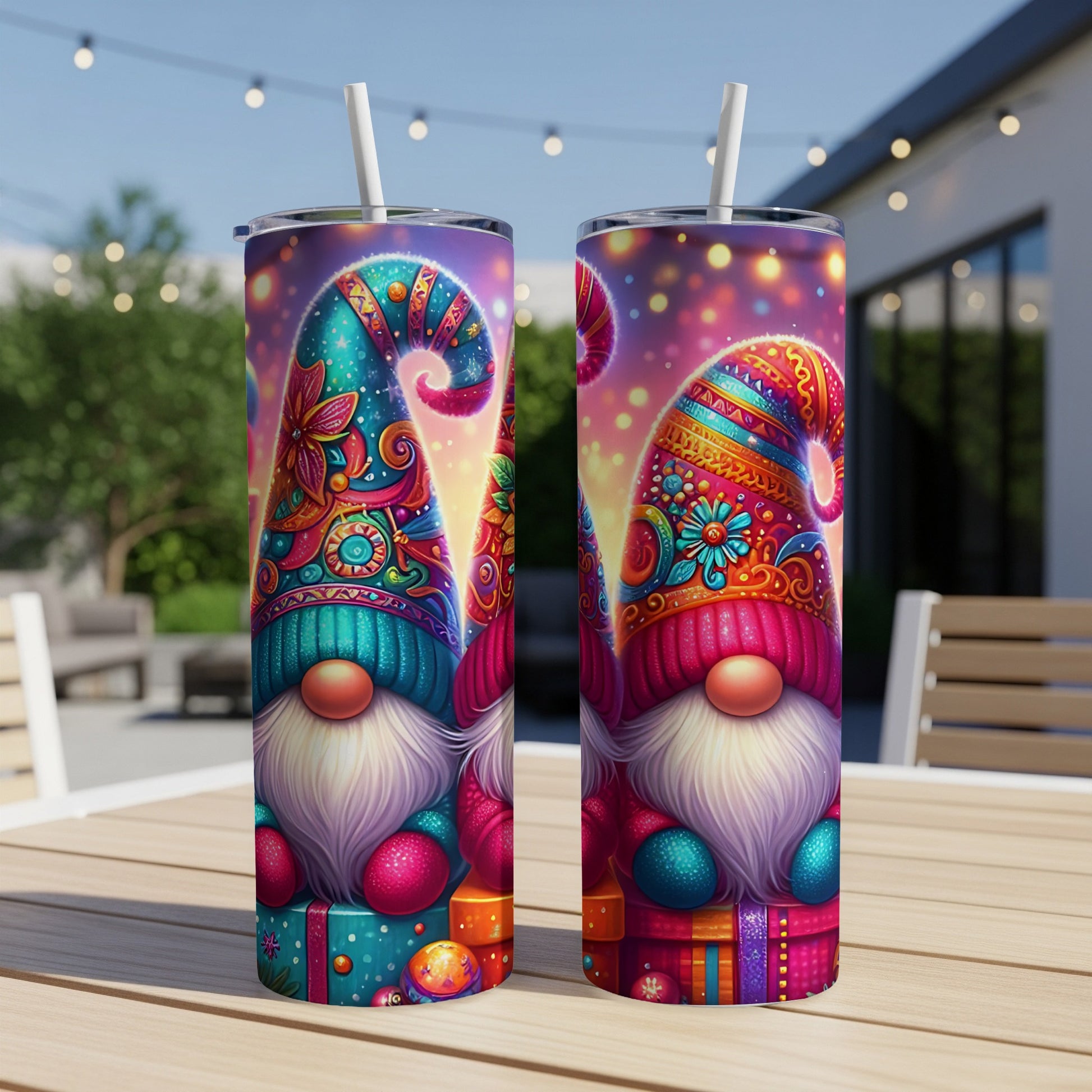 Two festive gnomes on a colorful holiday-themed tumbler, each holding a gift.