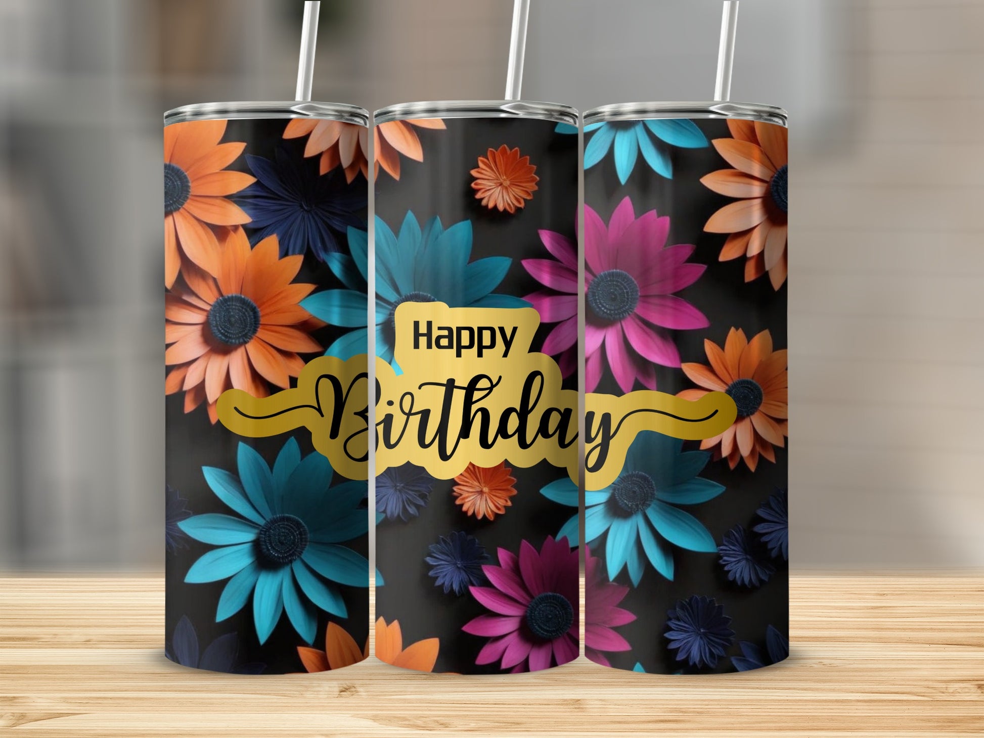 Three tumblers with floral patterns and "Happy Birthday" text.