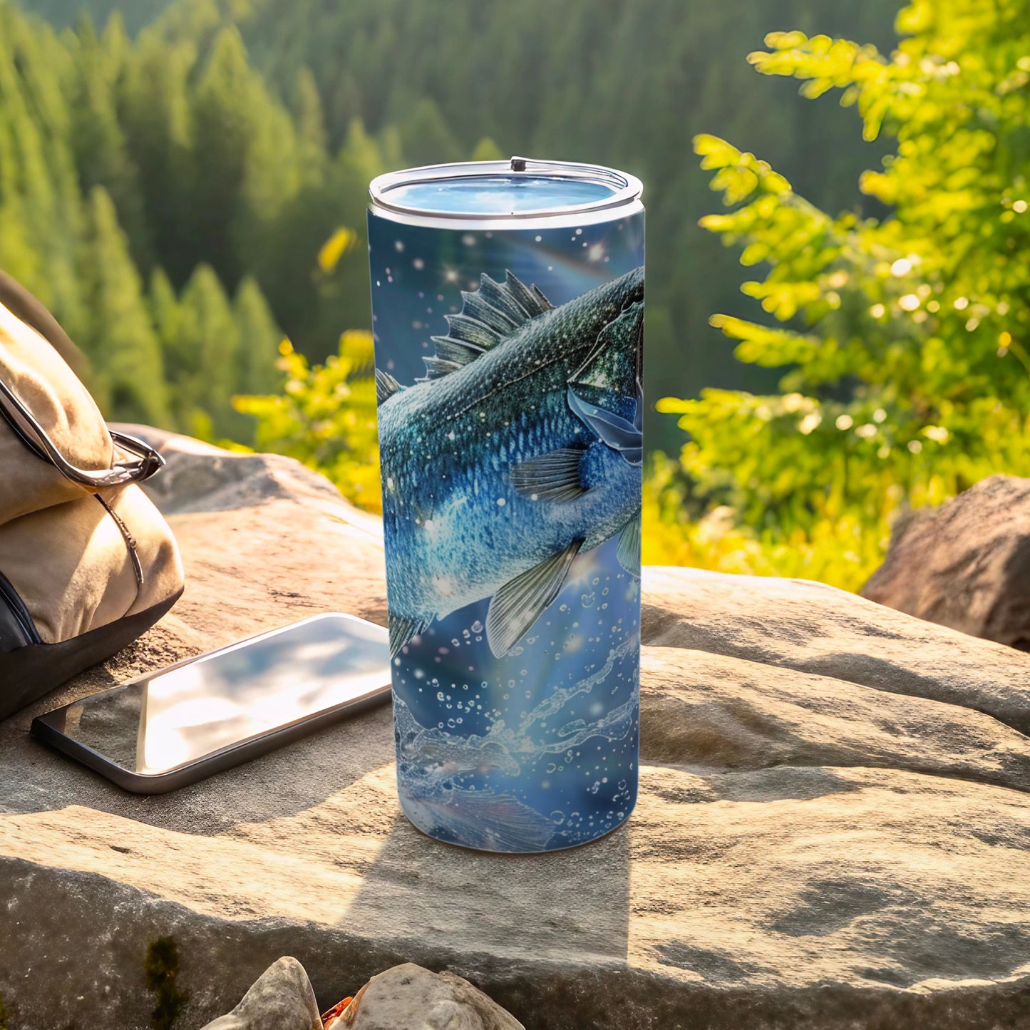 Artwork of a jumping bass fish on a stainless steel tumbler.