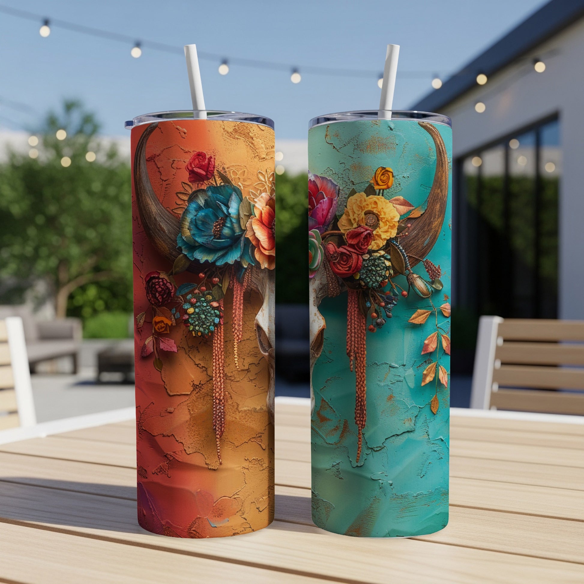 Two skinny tumblers with bull skull and floral designs.