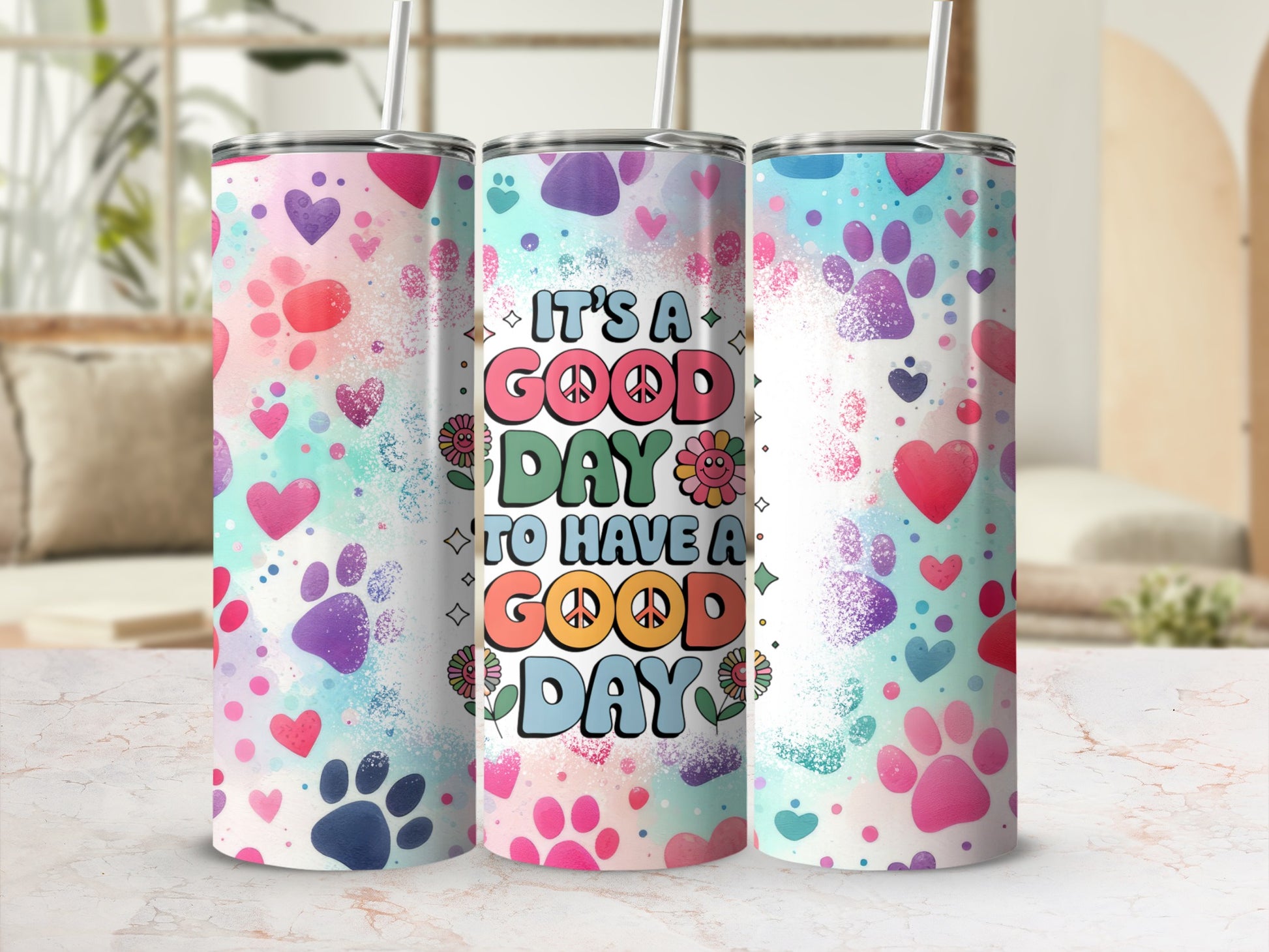 Colorful Paw Prints and Hearts 'Good Day' Tumbler Cup