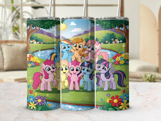 My Little Pony characters standing in a sunny meadow with flowers and a rainbow.