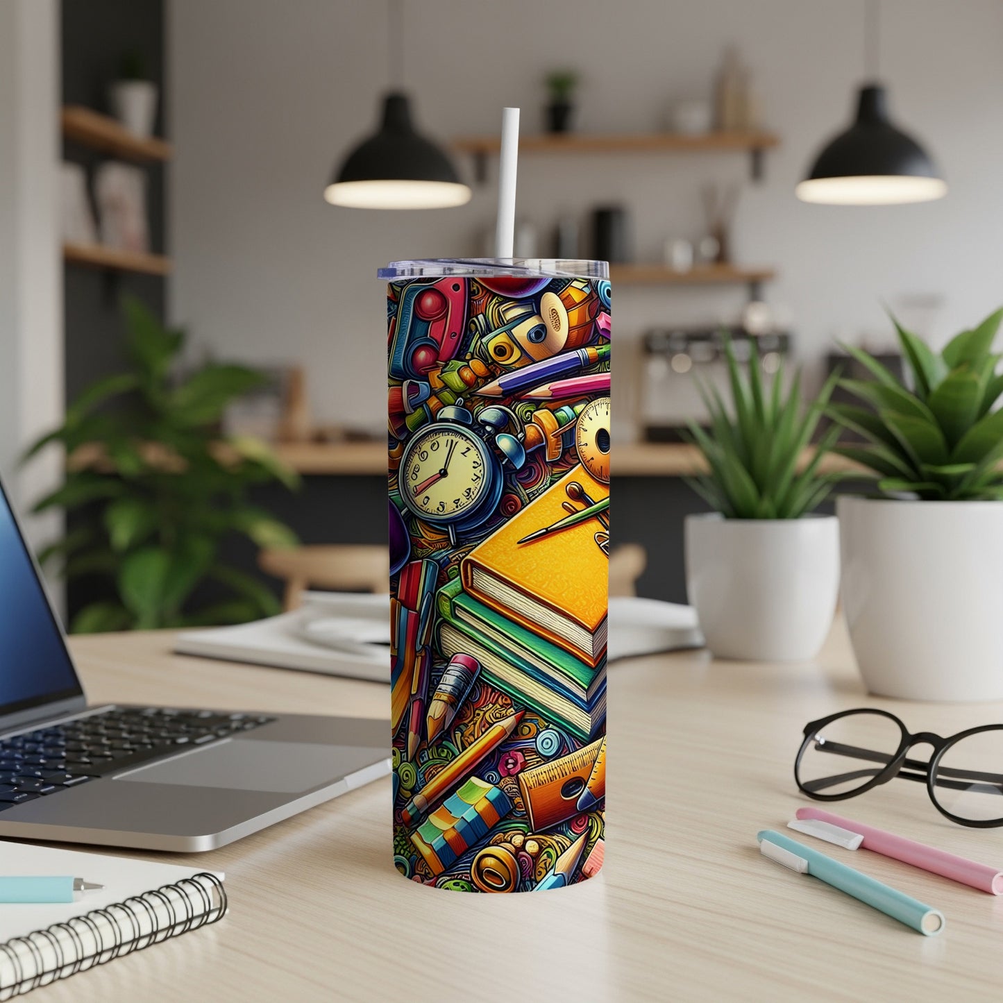 Tumbler with colorful school supplies pattern, including books, pencils, and an alarm clock.